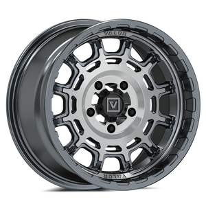 Brushed gunmetal V17 UTV wheel by Valor Offroad, 15x8 inch size with a rugged off-road design and bold finish.