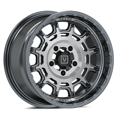 Brushed gunmetal V17 UTV wheel by Valor Offroad, 15x8 inch size with a rugged off-road design and bold finish.